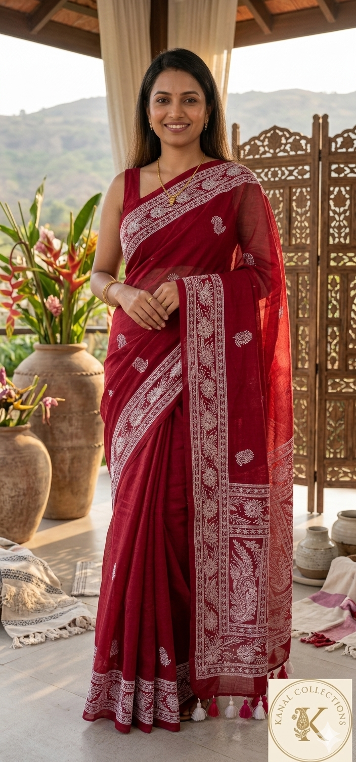 Deep Crimson Mul Cotton Saree with White Paisley Embroidery