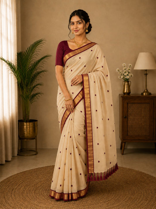 Beige Mul Cotton Saree with Maroon Clover Buttas