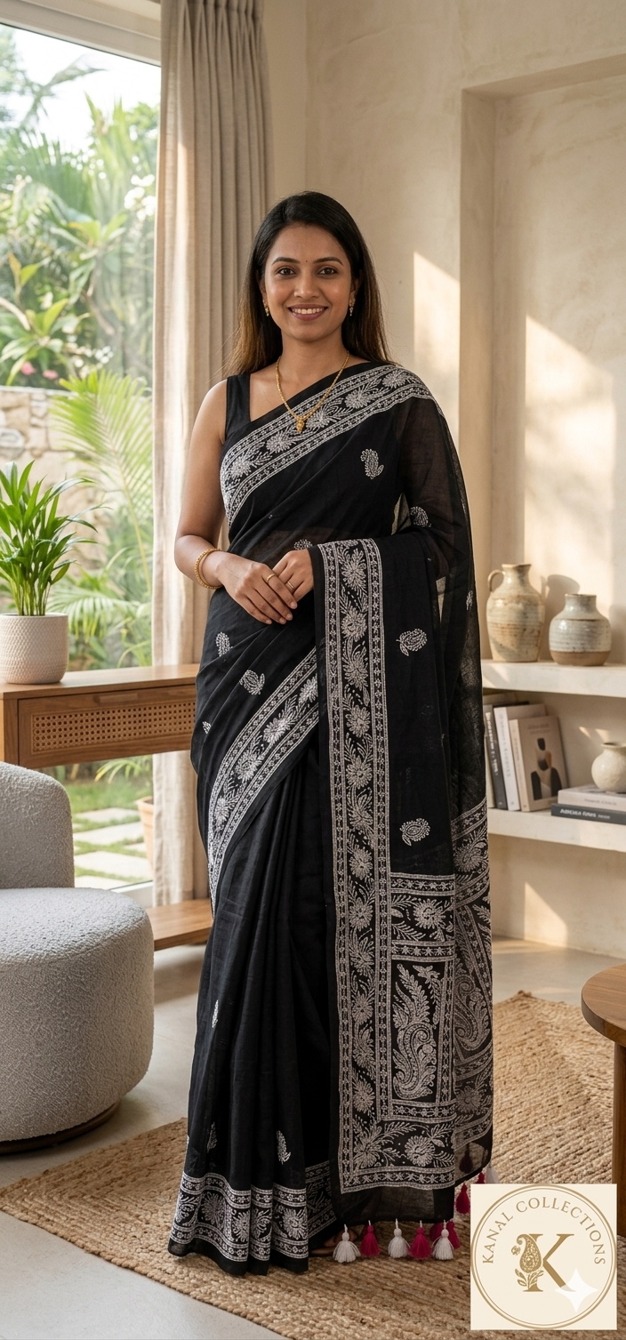 Jet Black Mul Cotton Saree with White Paisley Embroidery