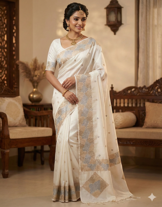 Ivory Geometric Embroidered Silk Saree (Includes Stitched Blouse Size 38)