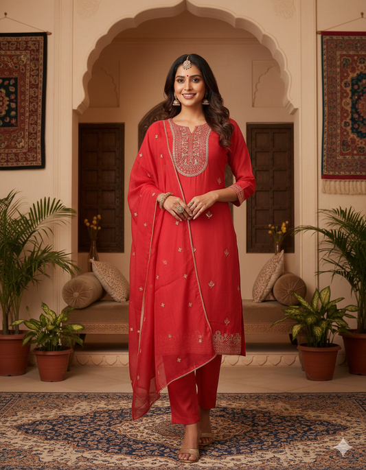 Ruby Red Zari Embroidered Chanderi Suit Set