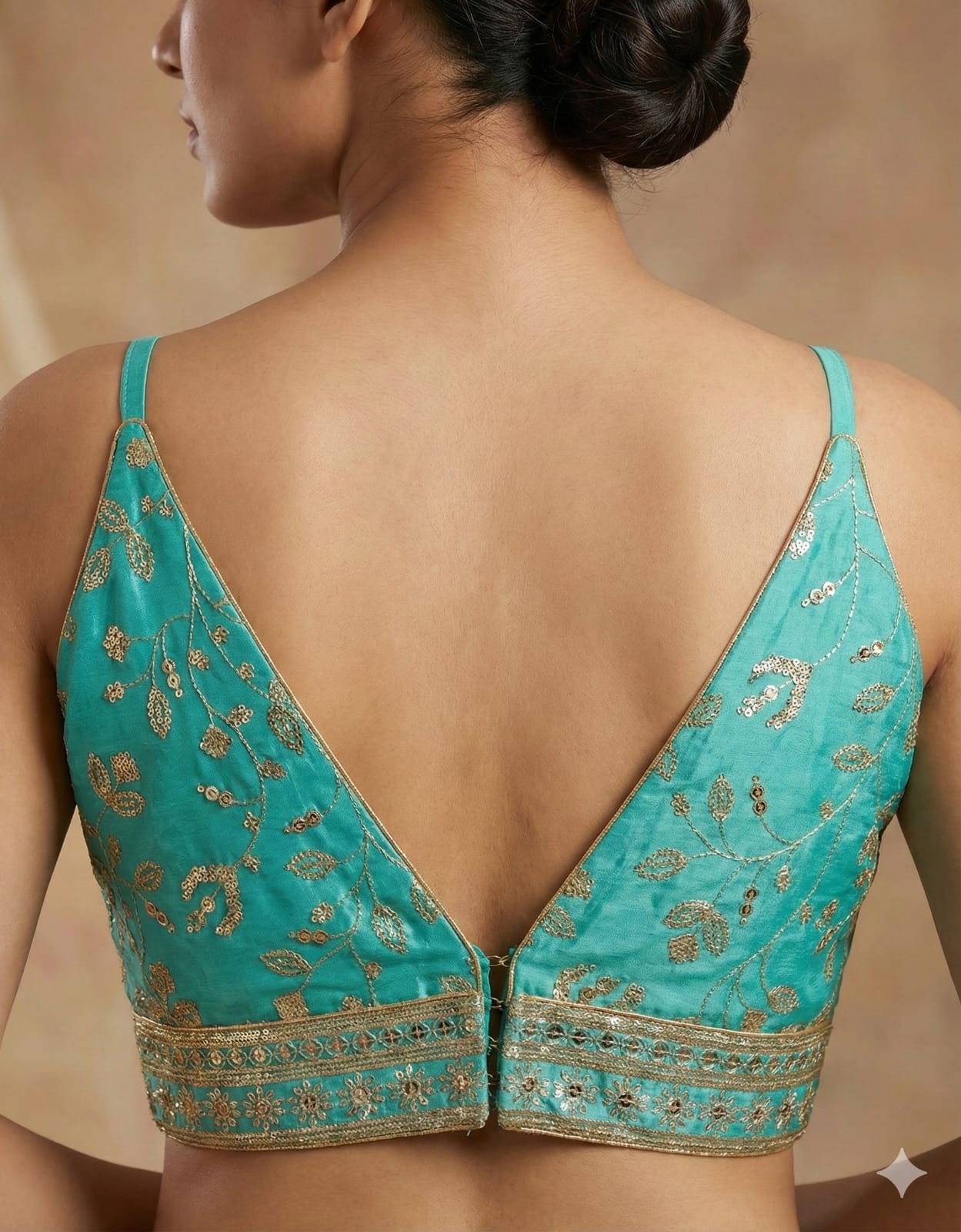 Radiant Teal Embroidered V-Neck Saree Blouse