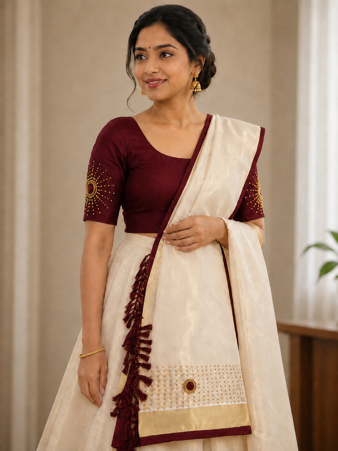 Maroon & Ivory Premium Dhavani Set | Fully Stitched Traditional Half Saree | Ready to Wear