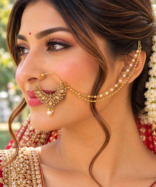 Gold-Tone Bridal Nath with Pearl Drop and Dual Chains