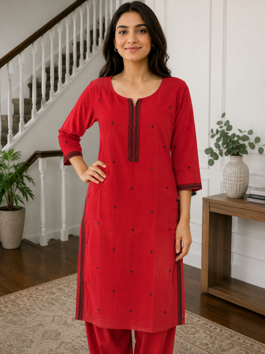 Crimson Elegance Cotton Kurta Set