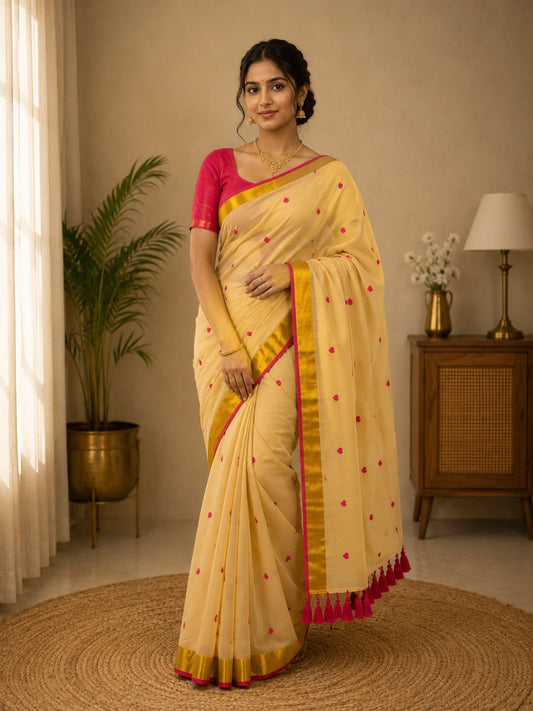 Mul Cotton Saree with Rani Pink Hearts