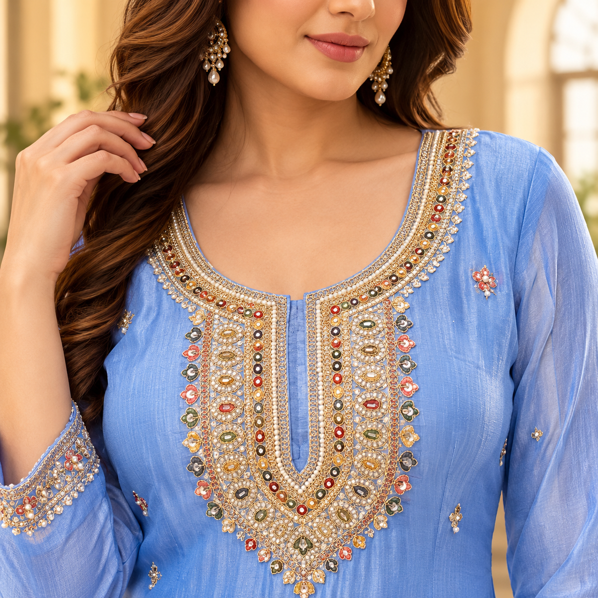 Elegant Pastel Blue Embroidered Top+Skirt Suit – L & XL