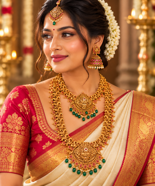Traditional Gold-Tone Temple Bridal Jewellery Set with Green Beads & Ruby Accents