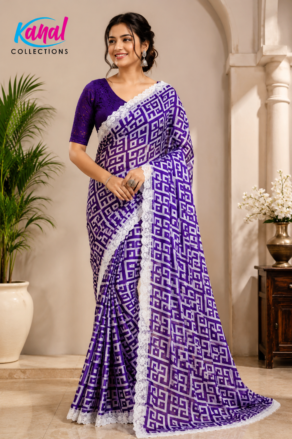 Purple Cotton Saree with Designer Lace Border & Adjustable Stitched Blouse (Fits Size 36–42)