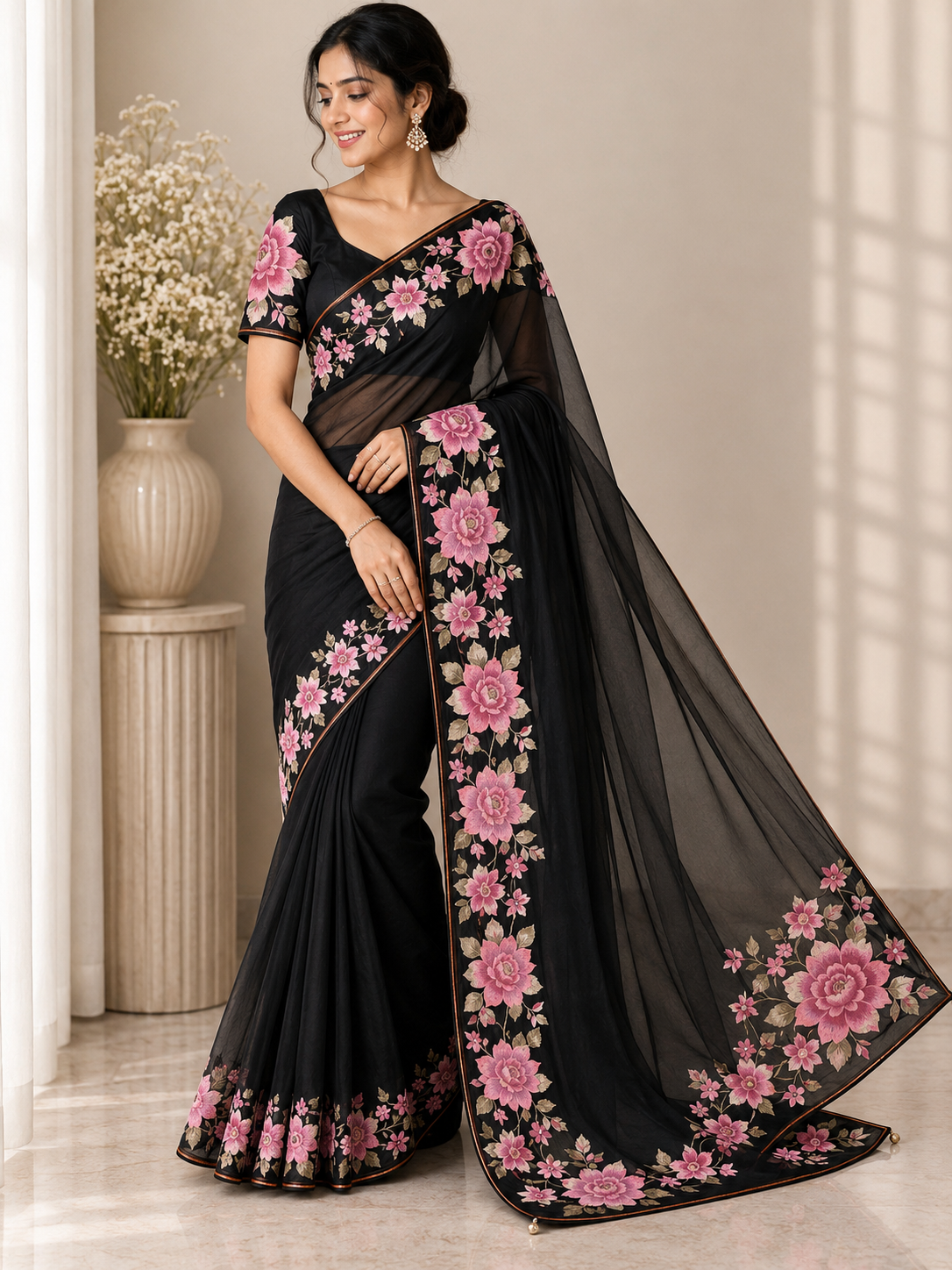 A woman models a black georgette saree with pink floral embroidery and a matching black sheer blouse, standing in a brightly lit indoor setting.