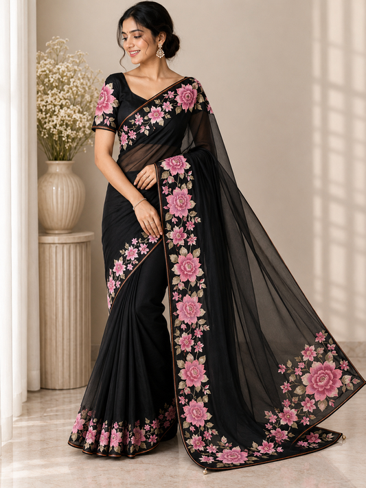 A woman models a black georgette saree with pink floral embroidery and a matching black sheer blouse, standing in a brightly lit indoor setting.