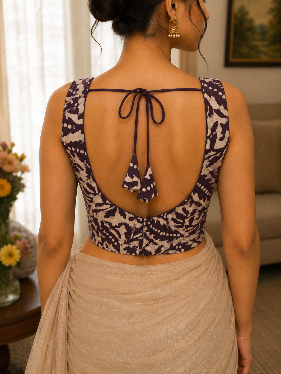 Indigo Purple Batik Print Padded Sleeveless Saree Blouse