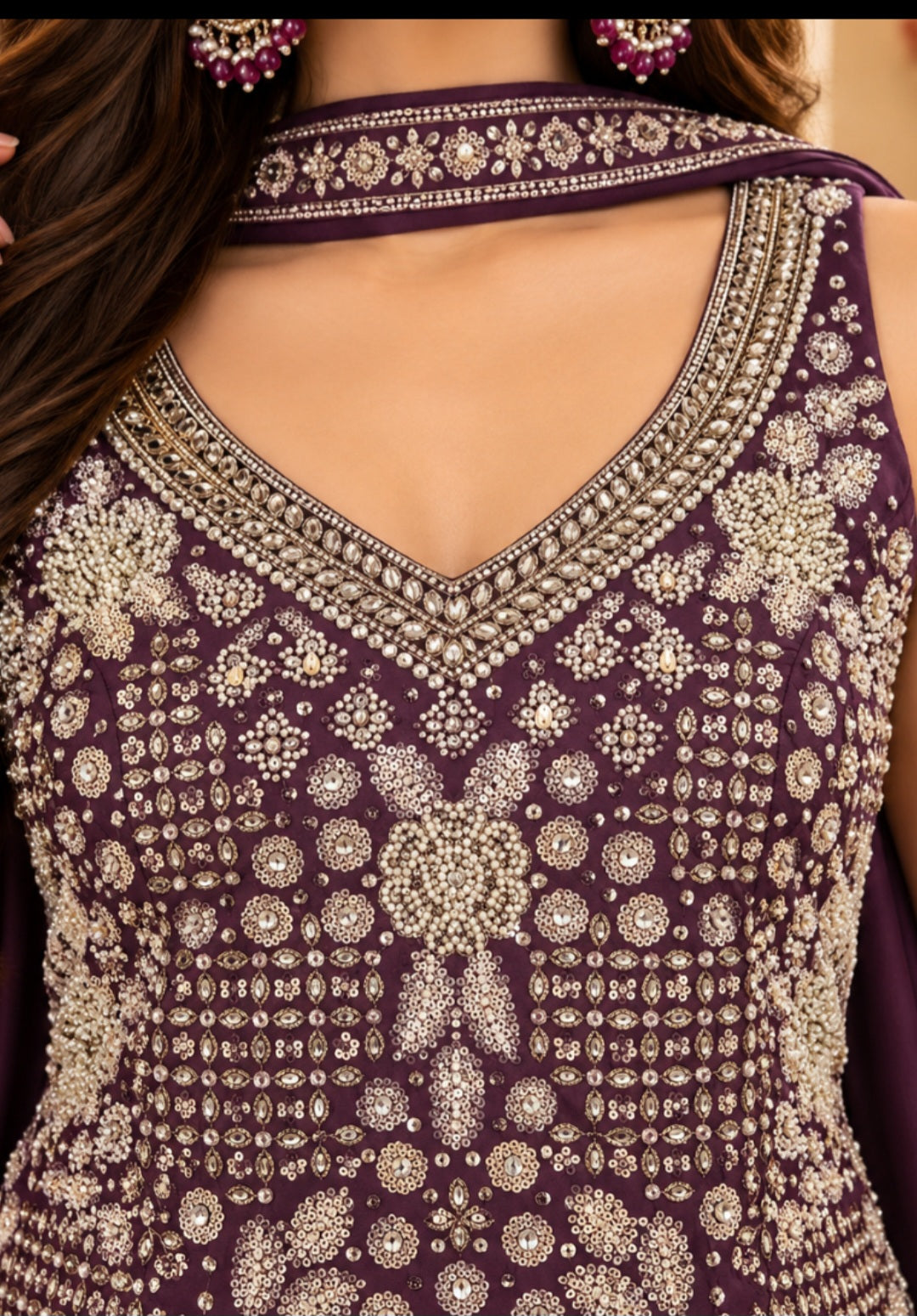 Elegant Plum Embroidered Ethnic Suit Set – Size L- Sleeves attached inside