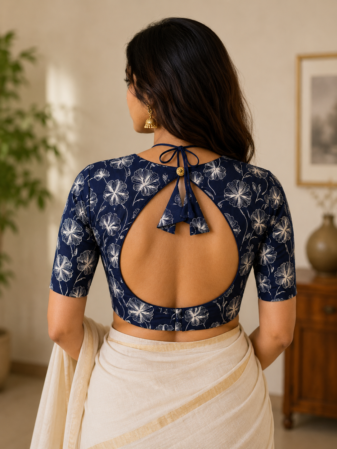 Indigo Floral Mock-Jacket Sweetheart Cotton Blouse