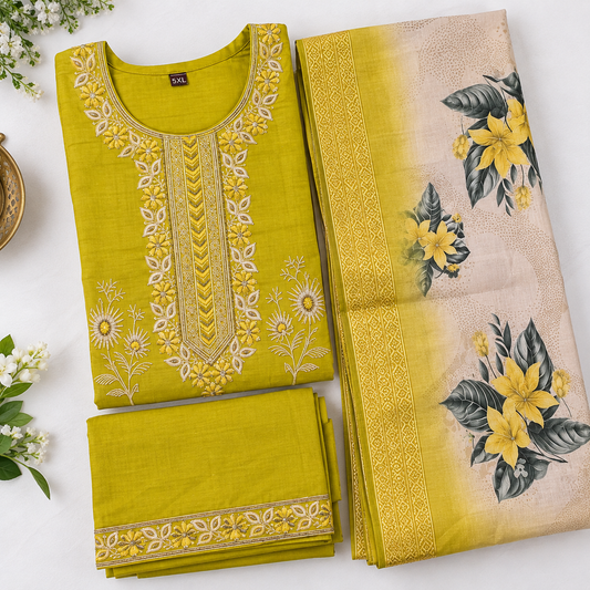 Lime Green Embroidered Cotton Salwar Suit Set with Floral Dupatta | Kanal Collections