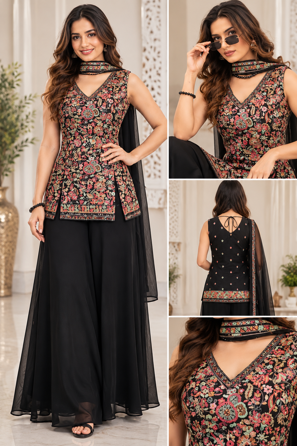 Black Floral Embroidered Palazzo Set