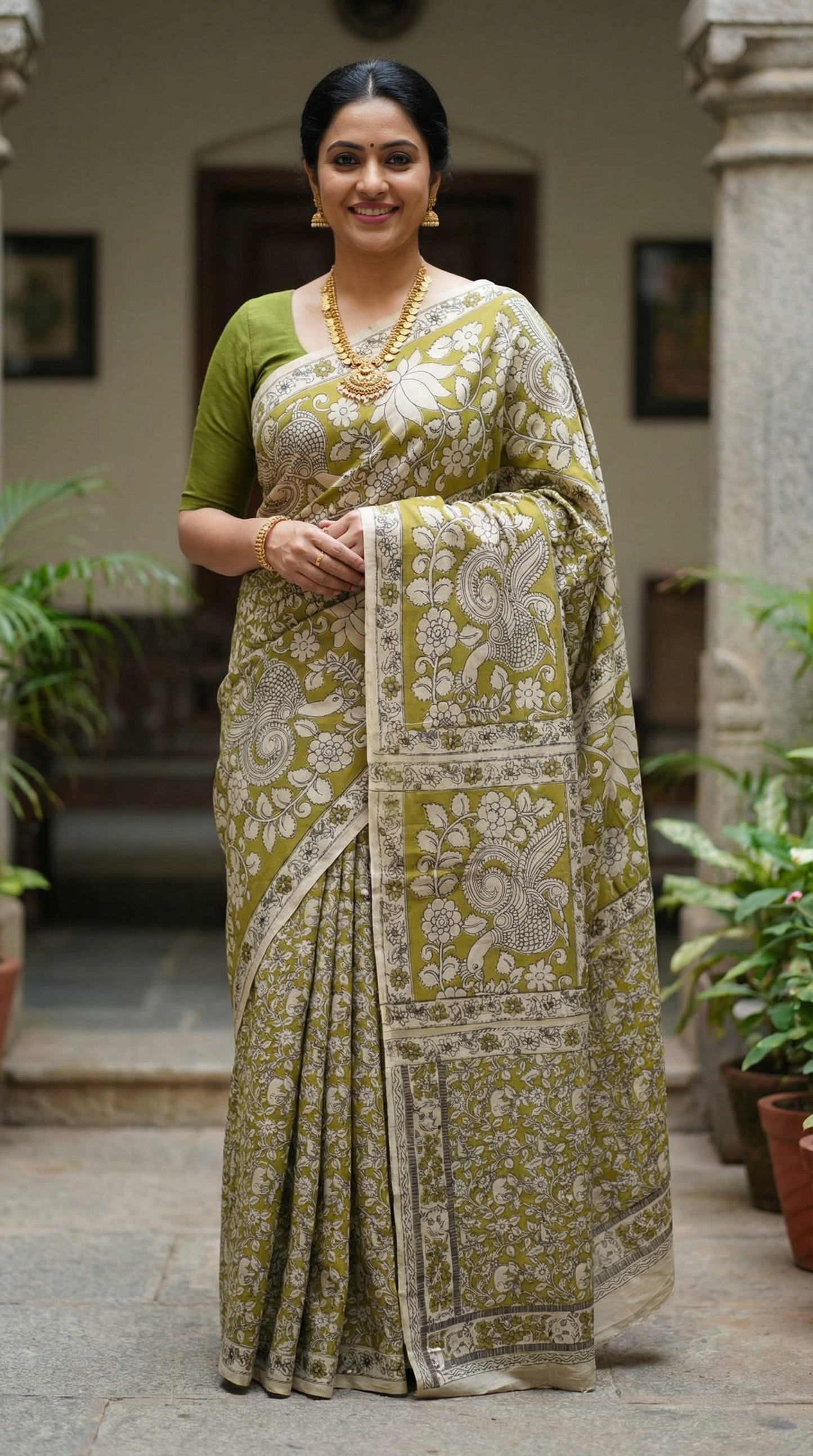 Olive Green Kalamkari Print Mul Cotton Saree