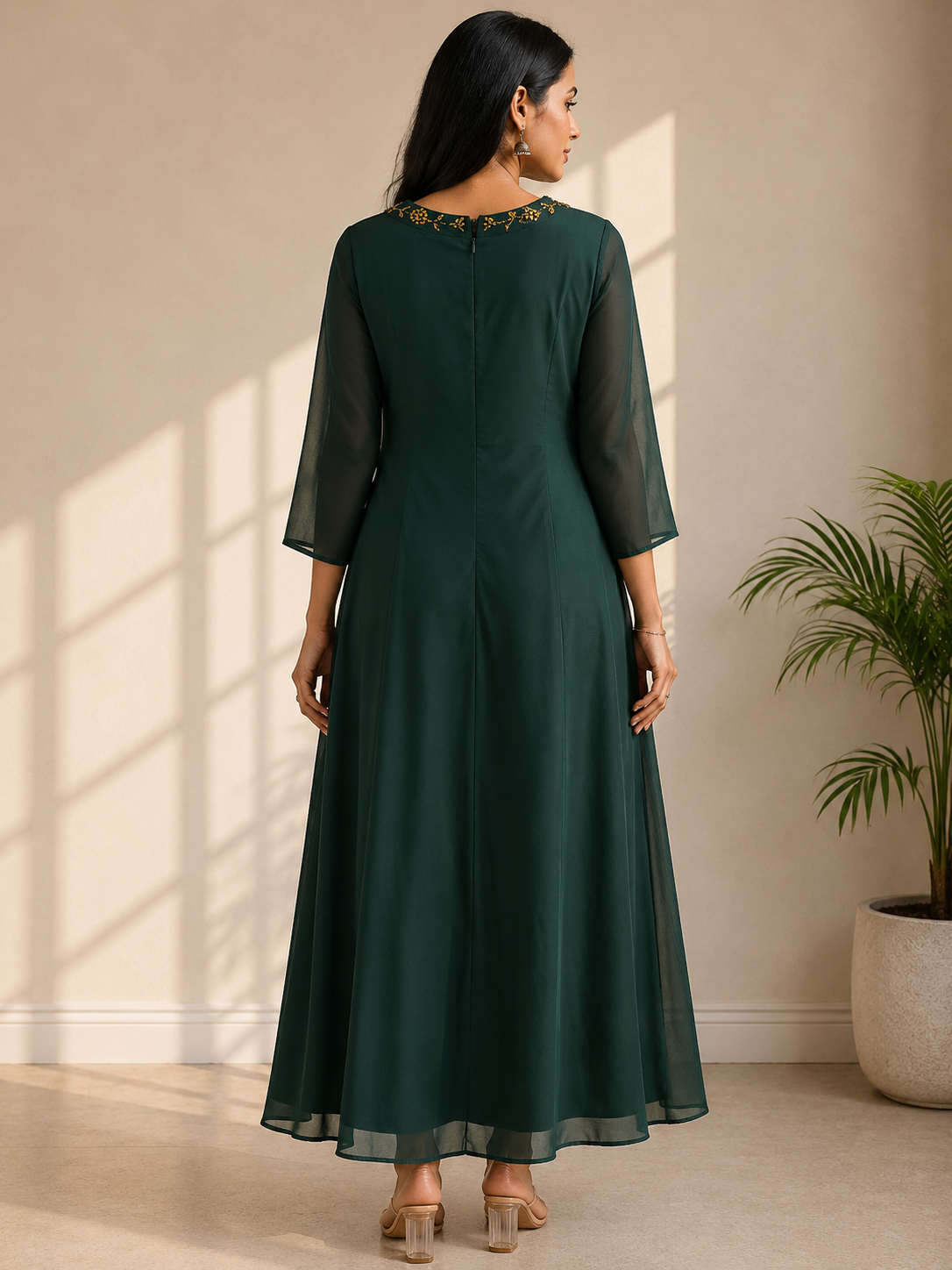 Sophisticated Bottle Green Georgette Kurti with Elegant Bugle Bead Work