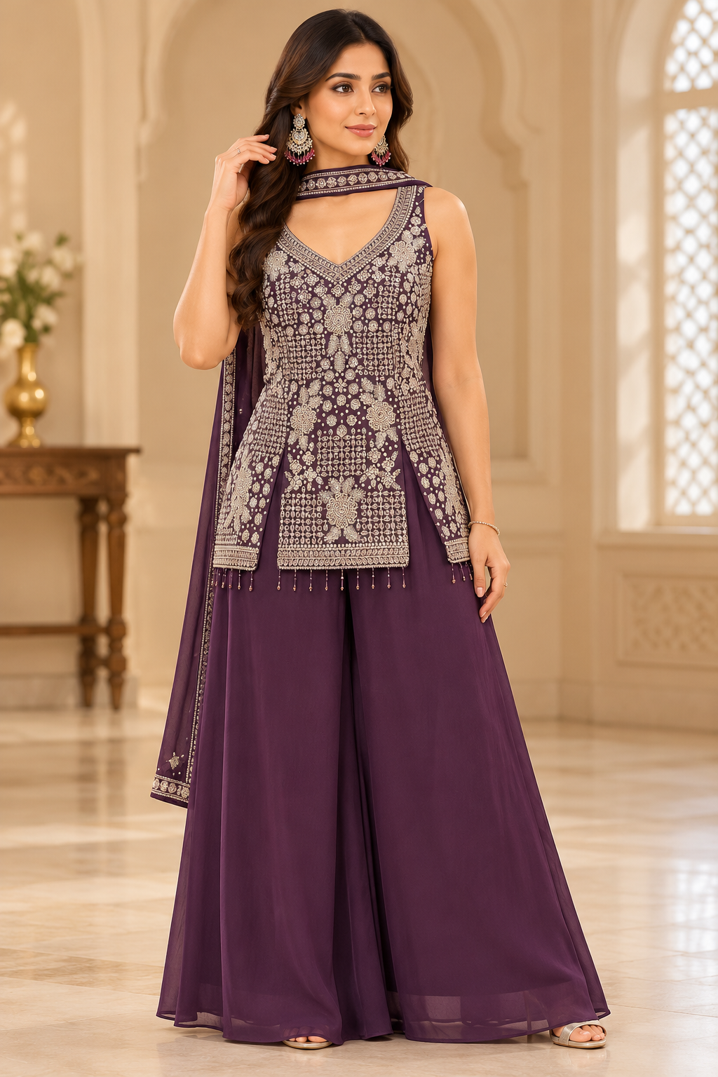 Elegant Plum Embroidered Ethnic Suit Set – Size L- Sleeves attached inside