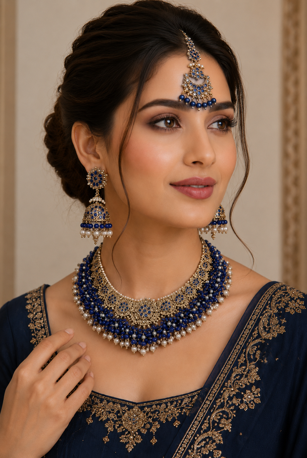 Designer Kundan Style Choker Set with Matching Earrings & Maang Tikka
