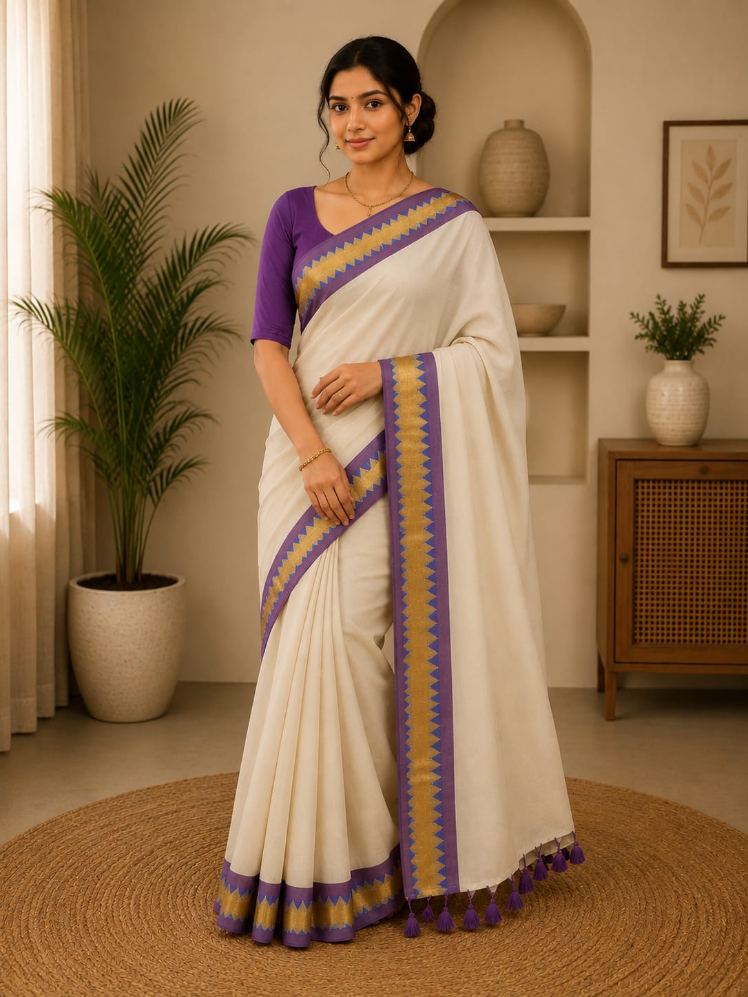 Off-White Mul Cotton Saree with Purple Temple Border