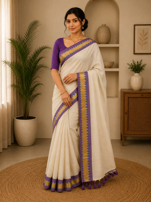 Off-White Mul Cotton Saree with Purple Temple Border