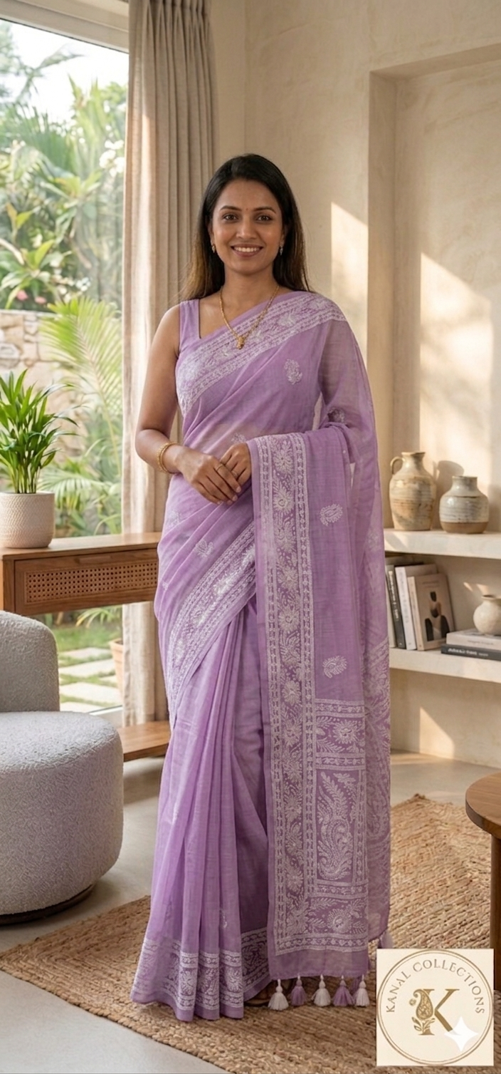 Lilac Mul Cotton Saree with White Paisley Embroidery