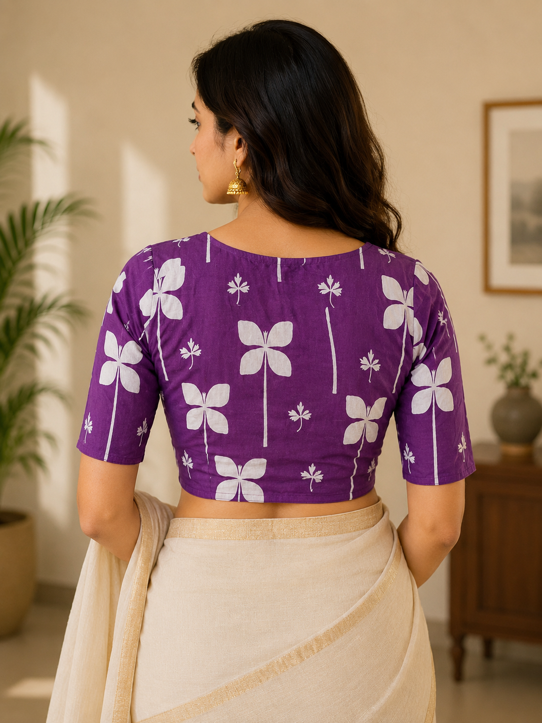 Vibrant Purple Floral V-Neck Cotton Blouse