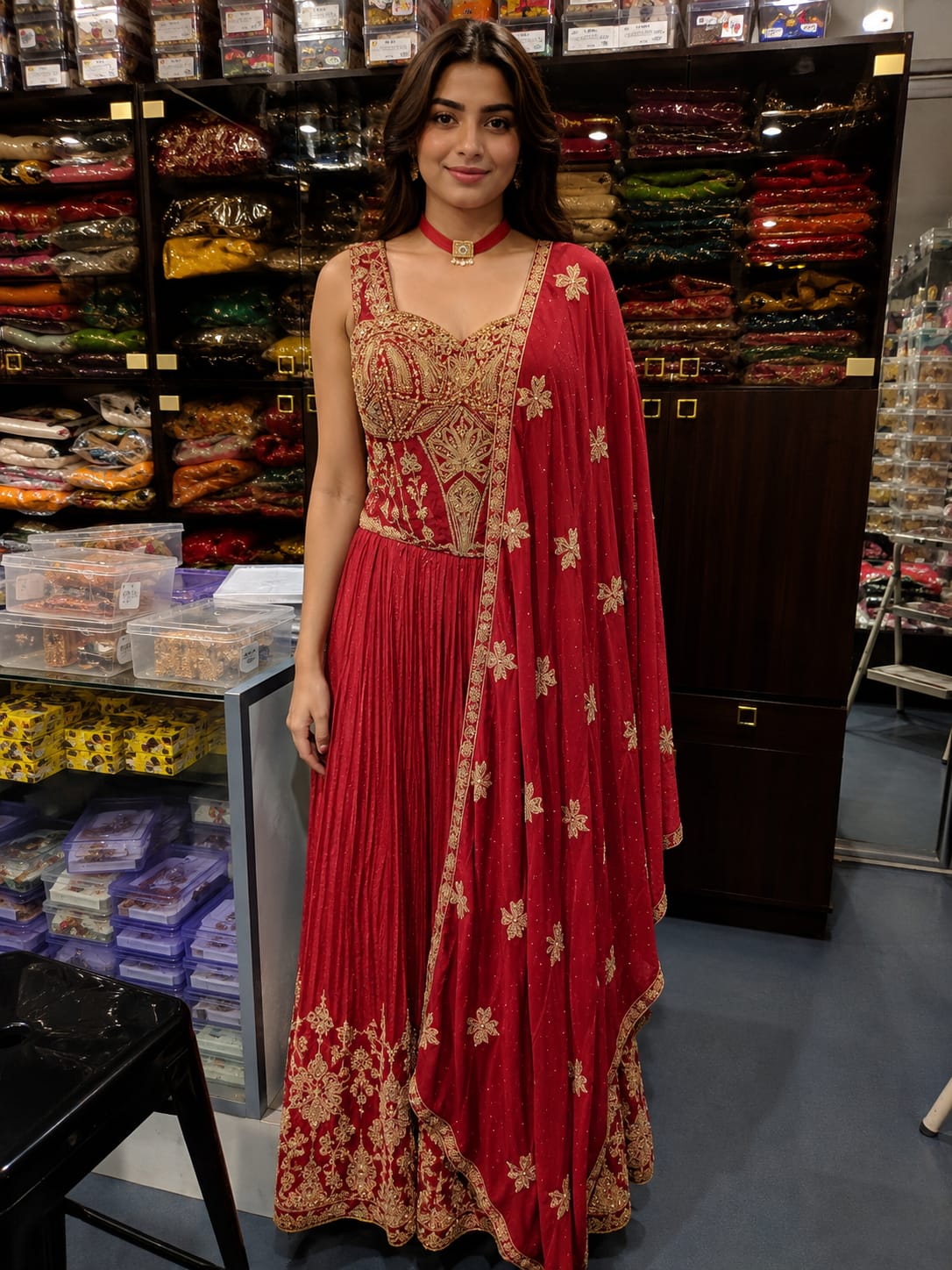 Crimson Red Georgette Co-ord Lehenga Set with Longline Embroidered Corset Top