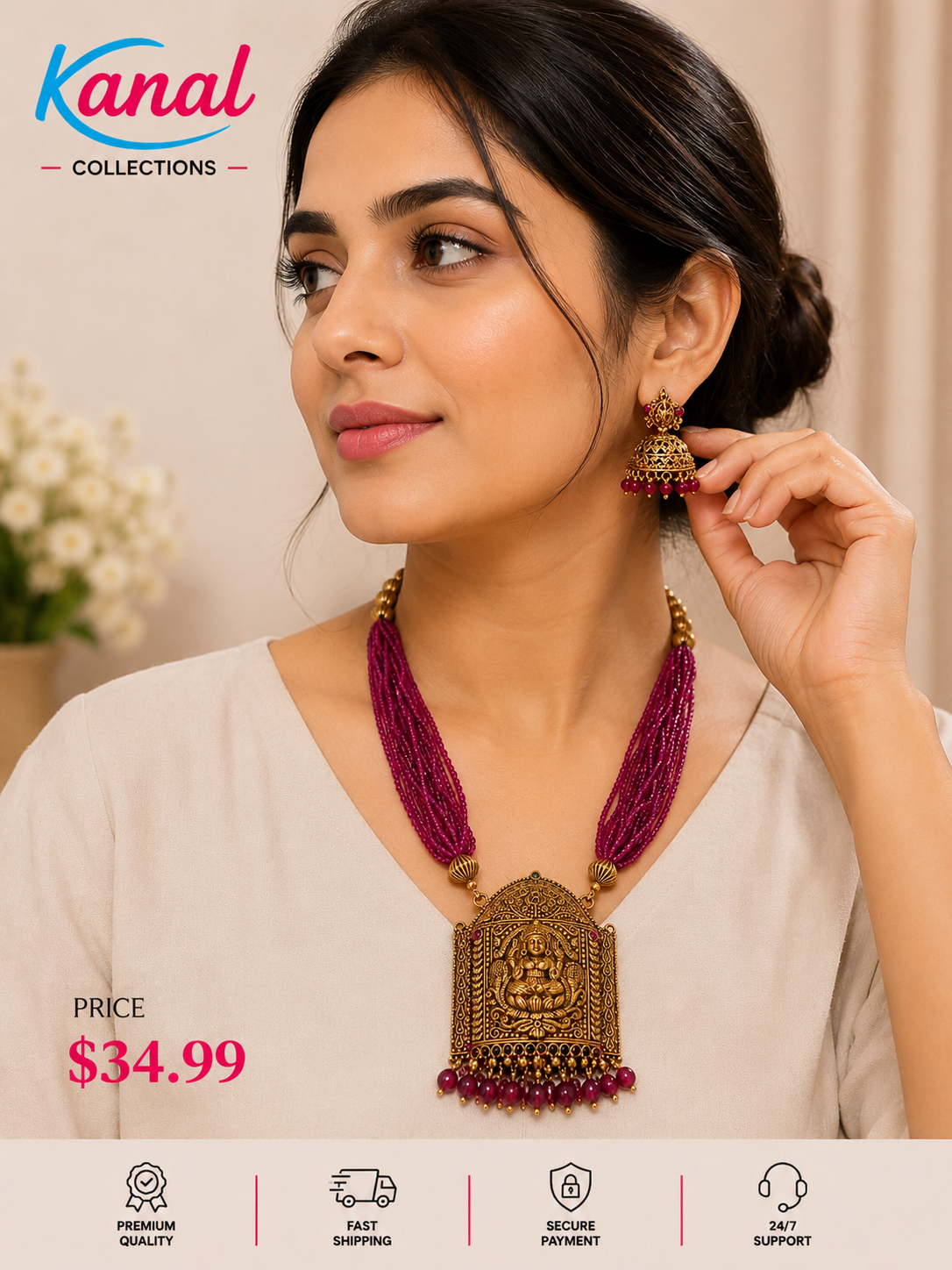Antique Gold Lakshmi Pendant Necklace & Jhumka Earring Set | Kanal Collections