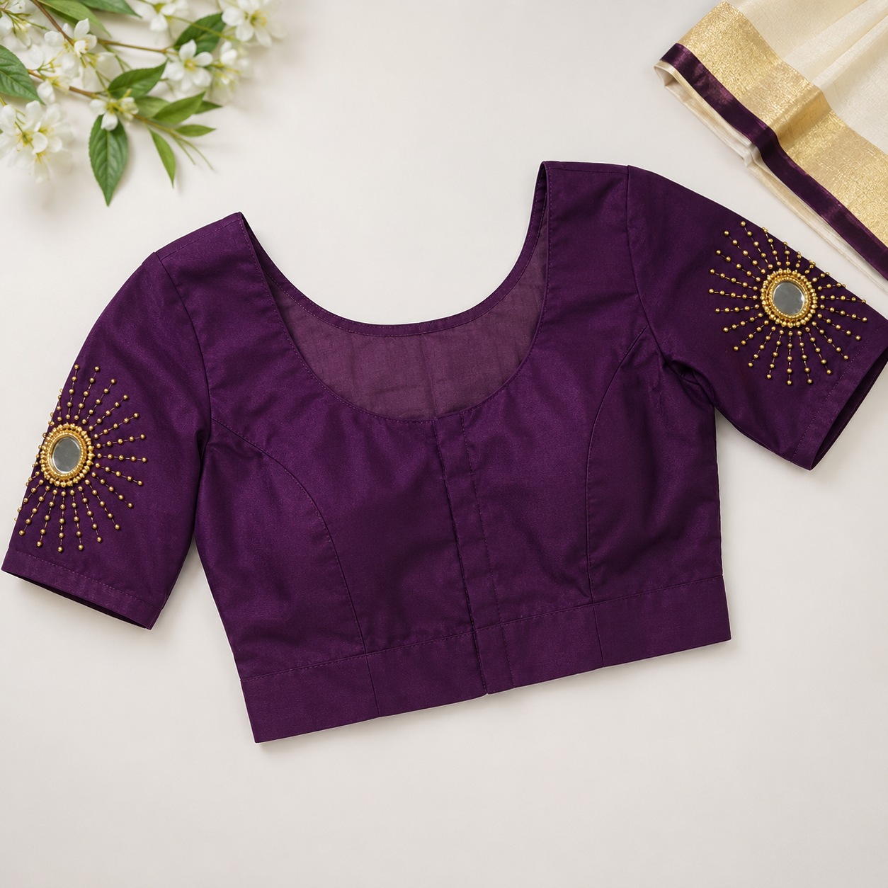 Kerala Dhavani Set with Fully Stitched Skirt & Front Hook Blouse – Cream & Purple | Kanal Collections Australia