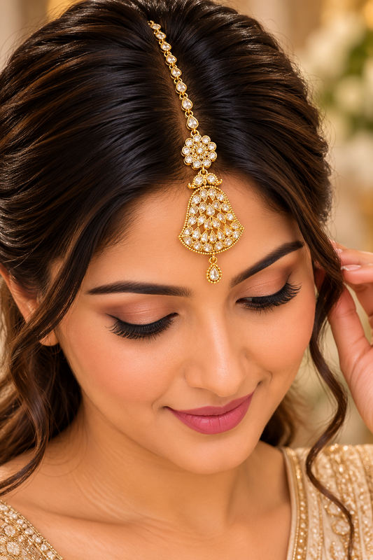 Gold-Tone Crystal Jhumar Maang Tikka – Indian Bridal Jewellery