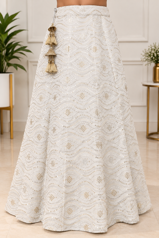 Ivory White Embroidered Lehenga Skirt with Gold Sequin Work