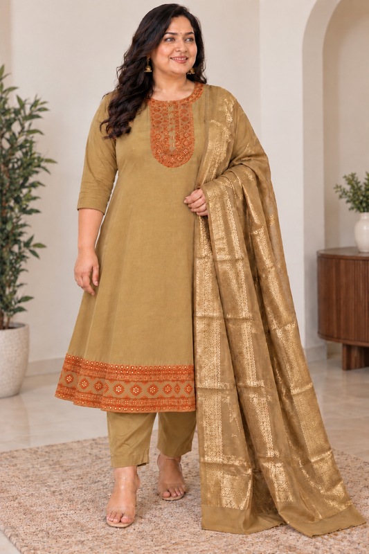 Women’s Plus Size Anarkali Suit with Embroidered Yoke & Banarasi Dupatta – 3XL to 5XL