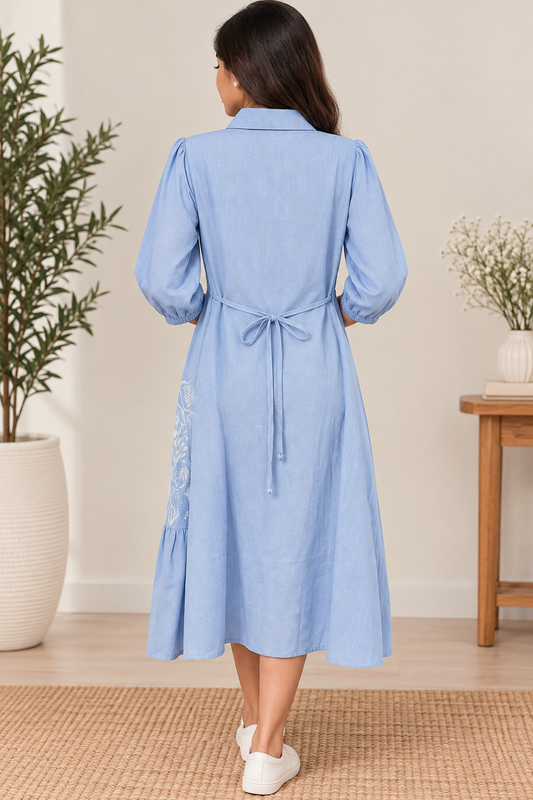Sky Blue Embroidered Button-Down Midi Dress