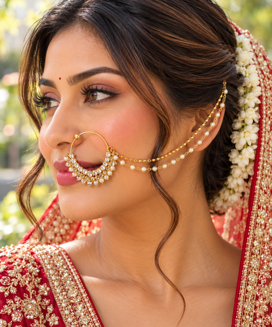 Gold-Tone Bridal Nath with Pearl and Gold Bead Chains | Kanal Collections
