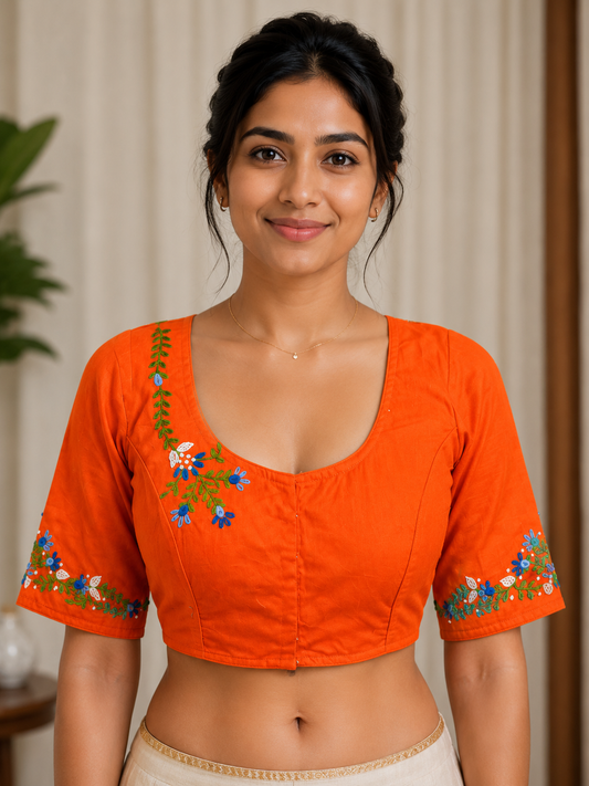 Tangerine Orange Embroidered Cotton Blouse