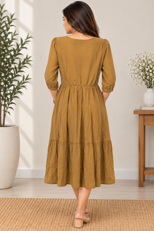 Mustard Brown Embroidered Tiered Midi Dress