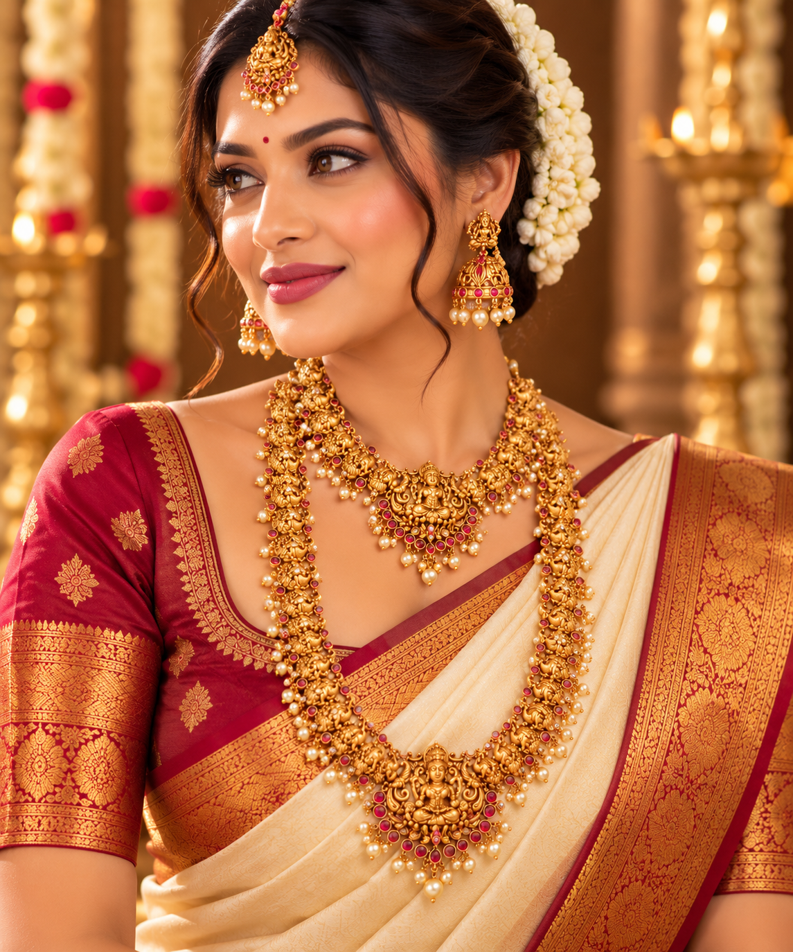 Traditional Lakshmi Temple Bridal Jewellery Set with Ruby & Green Stone Accents