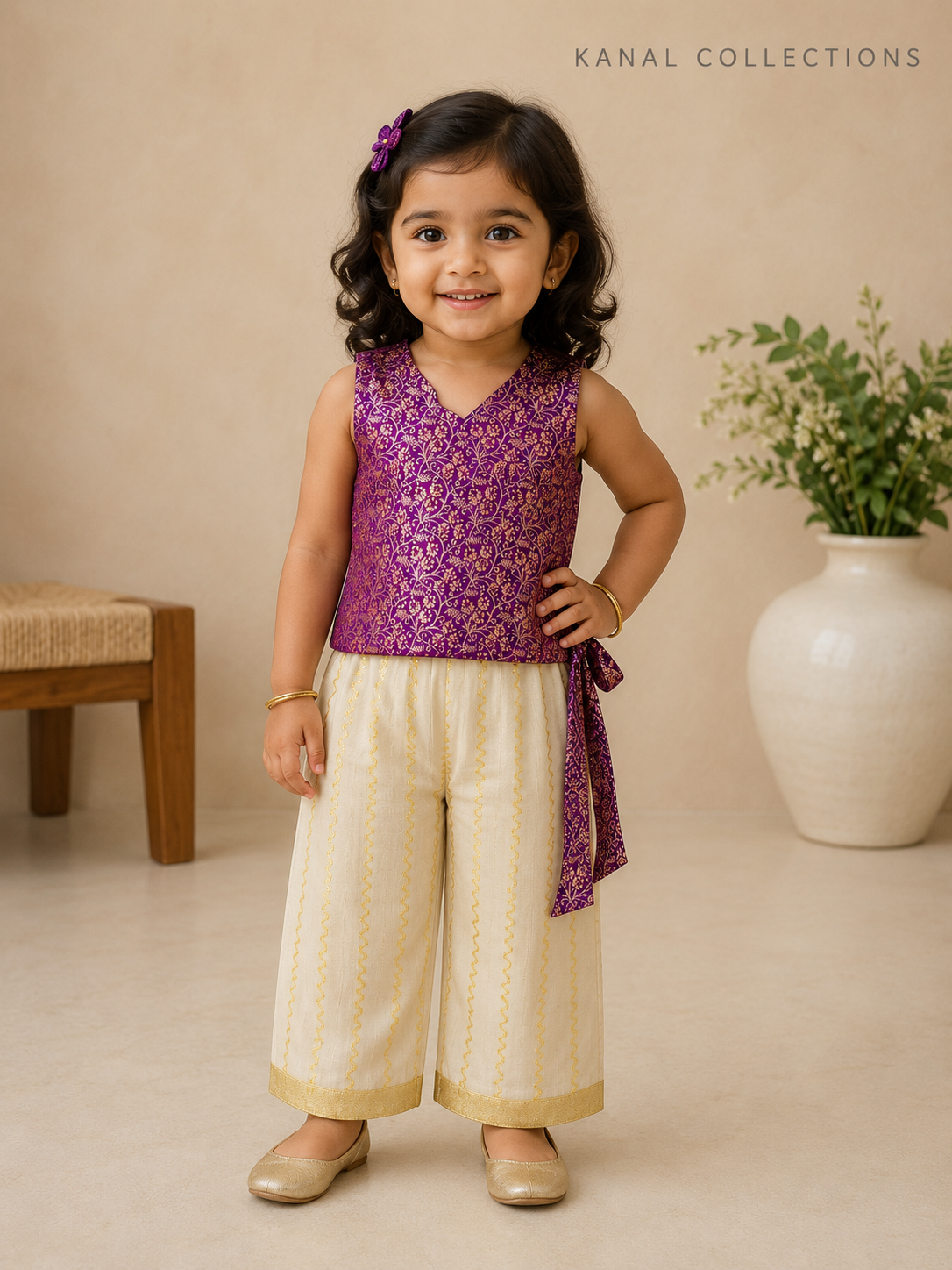 A toddler girl modeling a traditional Indian outfit from Kanal Collections, featuring a purple floral embroidered sleeveless top and cream wide-leg pants with gold detailing, standing in a warm beige room.