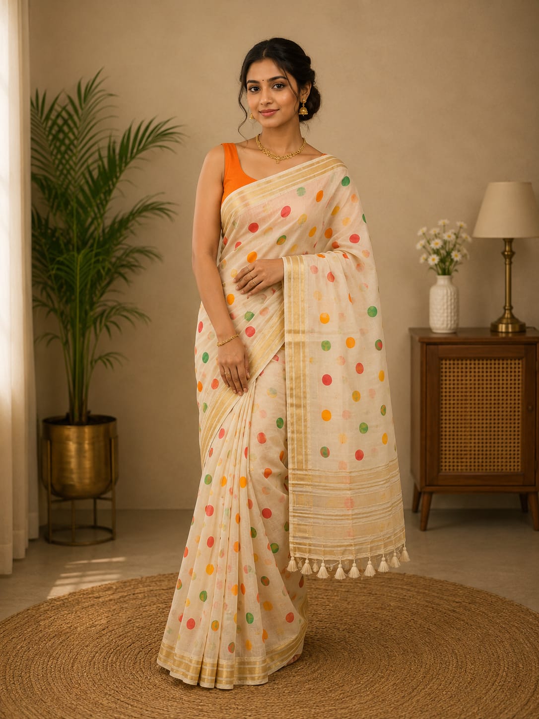 Off-White Mul Cotton Saree with Multicolour Polka Dots