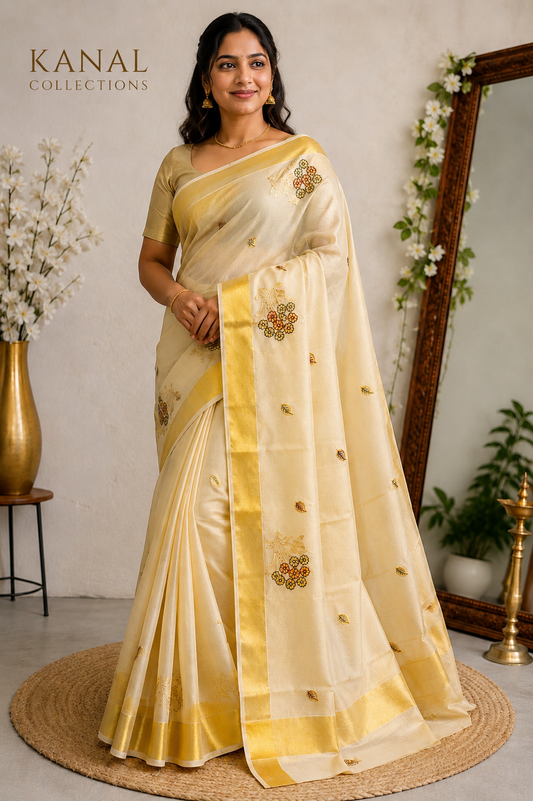 A woman wears an off-white Kerala Kasavu saree with a golden border and a repeating embroidered pattern of floral clusters in orange and green, and individual green leaf motifs, from Kanal Collections