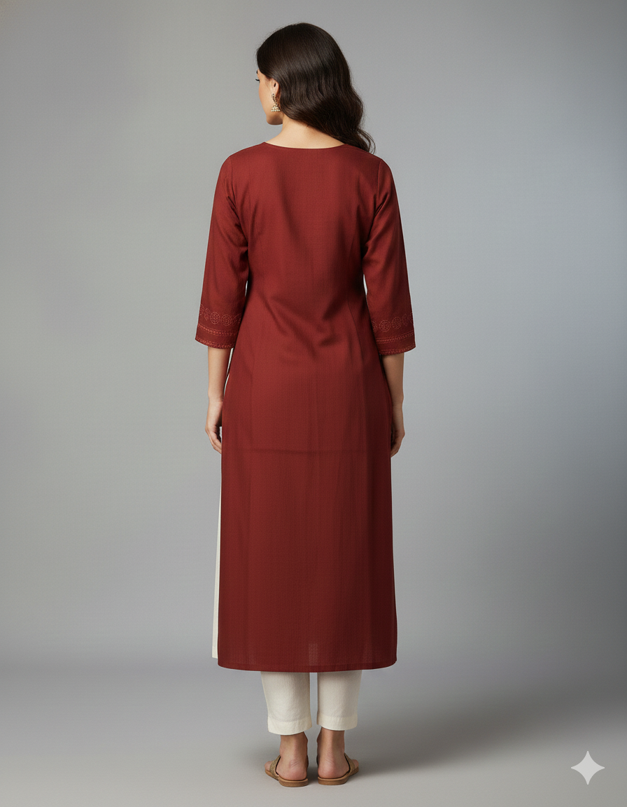 Elegant Maroon Embroidered Side-Cut Kurti