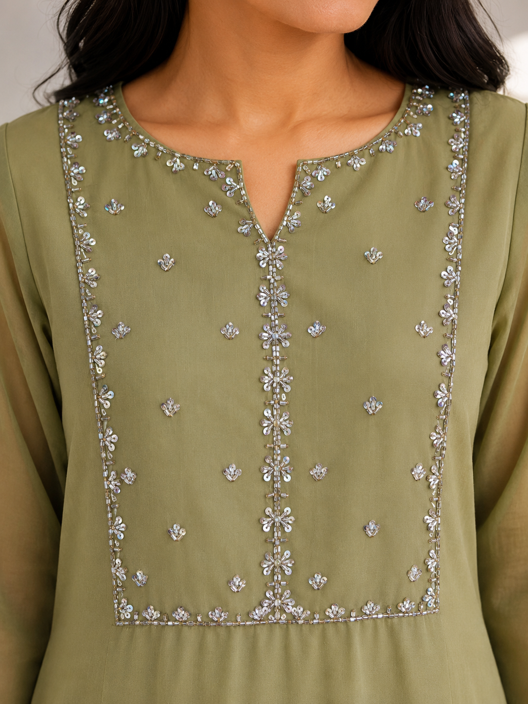 Serene Olive Green Georgette Kurti with Delicate Sequin & Glass Beadwork