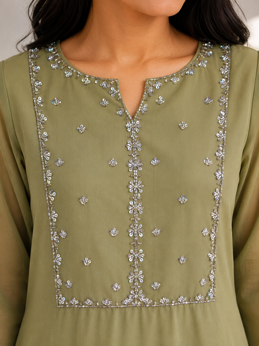 Serene Olive Green Georgette Kurti with Delicate Sequin & Glass Beadwork