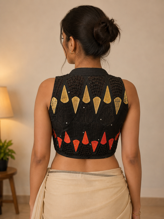 Elegant Black Cotton Blouse with Artistic Embroidered Back