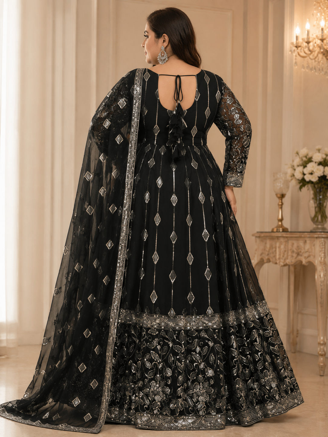 Back view of Kanal Collections deep green embroidered Anarkali suit in size XXL, showcasing a deep round neckline with traditional tie-up tassel latkans and a matching sheer net dupatta.