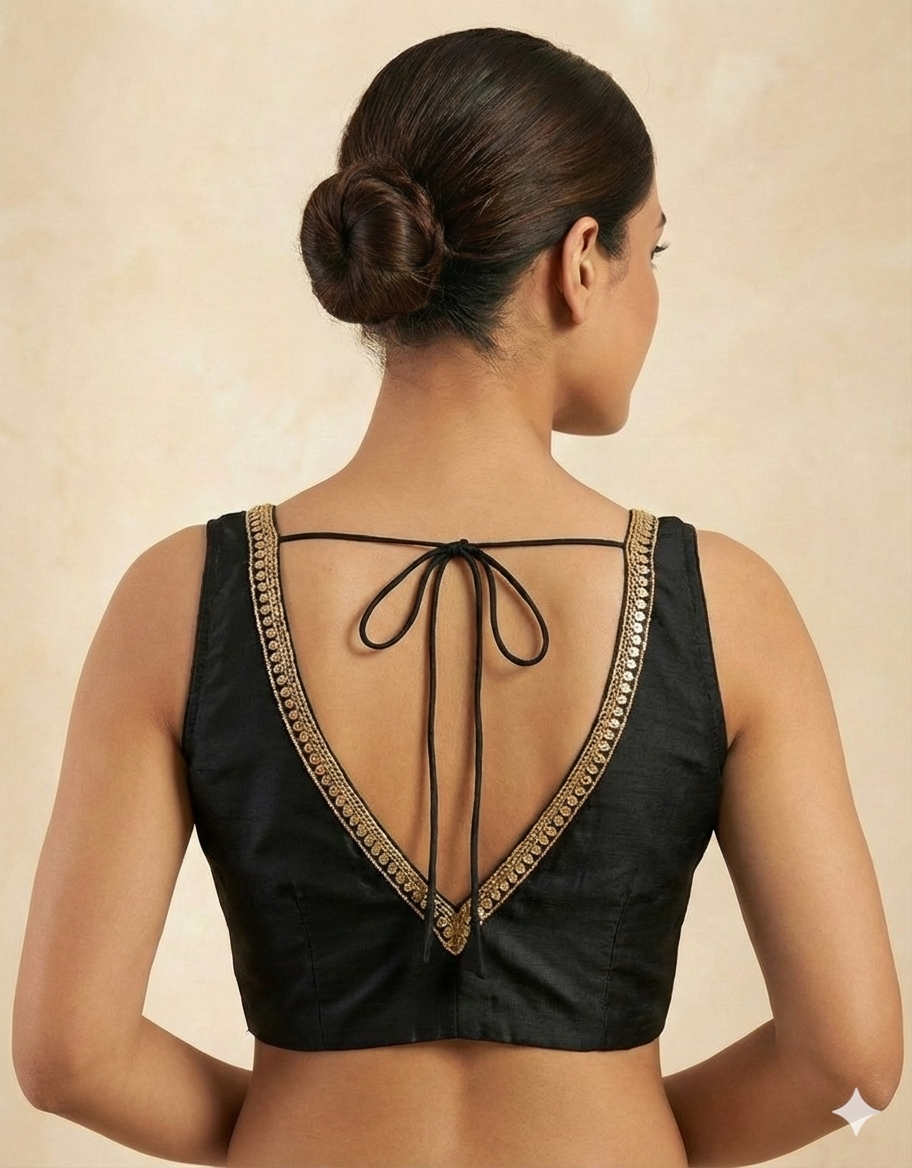 V-Neck Saree Blouse with Attached Sleeves  (Size 38 + Margin)