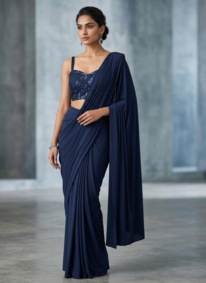 Elegant Navy Blue Sequin "one minute "Ready-to-Wear Saree Set