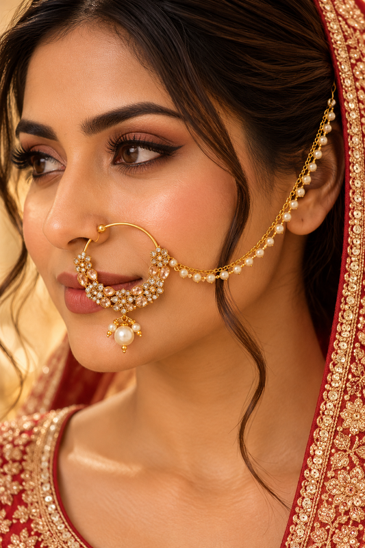 Bridal Gold-Tone Nath with Pearl Chain